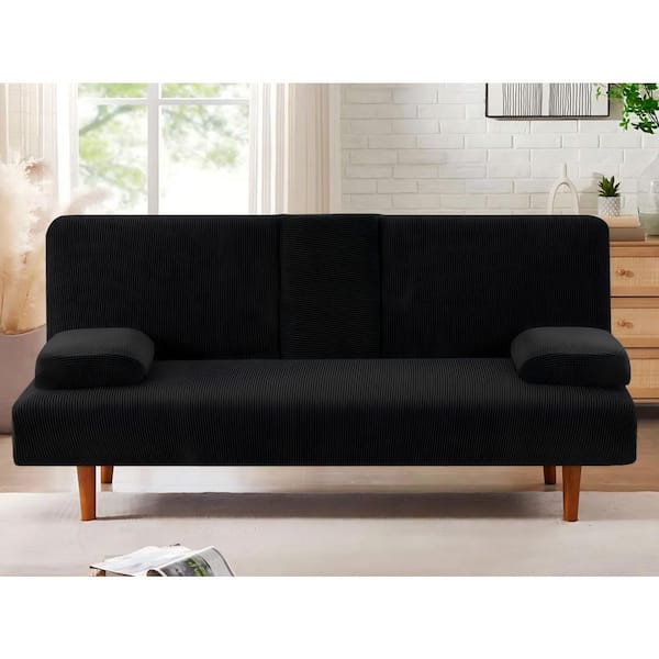 4-Piece Black Polyester Stretch Futon Slipcover with Removable Armrests and Cupholders Covers, Sofa Bed Futon Cover