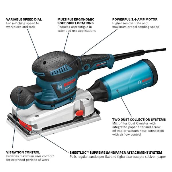 Bosch 3.4 Amp 1 2 in. Corded Electric Finishing Orbital Sander Kit with Vibration Control for 4.5 in. x 9 in. Sheets OS50VC The Home Depot