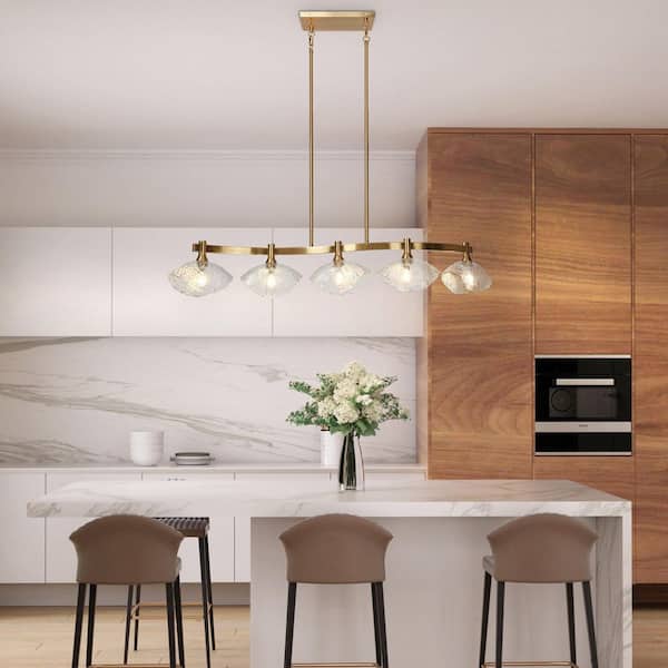5-Light Plated Brass Curved Linear Chandelier with Textured Glass, Modern Glam Kitchen Island Dining Room Pendant Light