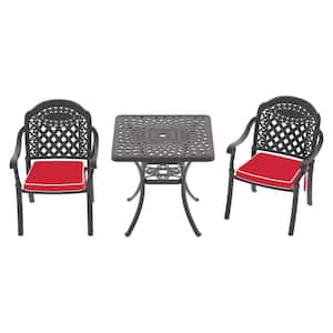 Isabella Black 3-Piece Cast Aluminum Outdoor Dining Set with Square Table and Dining Chairs with Random Color Cushion