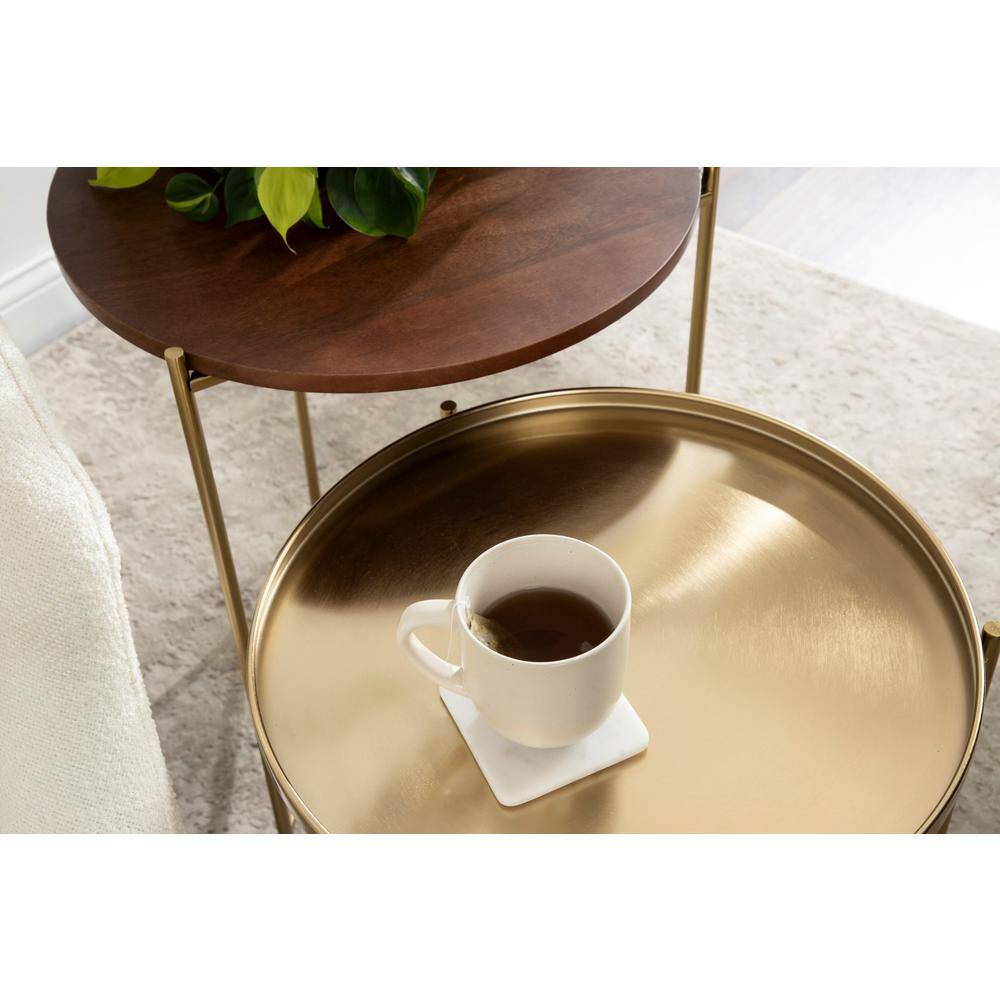 Ulani Nesting Side Table Set, Walnut Brown Wood and Gold Metal
