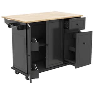 Black Wood 53.94 in. Kitchen Island with Drop Leaf, Drawer, Solid Wood Feet, Internal Storage Rack and Spice Rack
