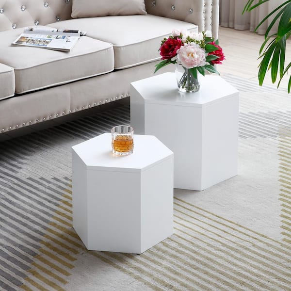 Zeus & Ruta Set of 2 White Nesting Hexagon Coffee Tables with MDF For Living Room, Office, Bedroom