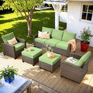 Palermo Brown 5-Piece Relaxing Modern Wicker Modular Outdoor Patio Conversation Sofa Set with Green Cushions