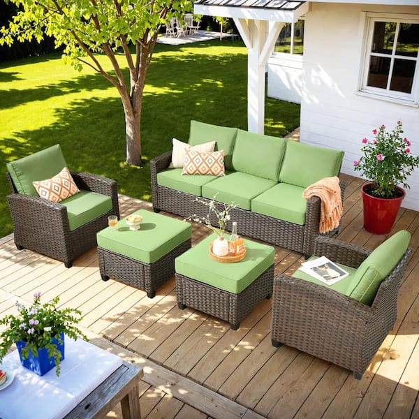 Toject Palermo Brown 5-Piece Relaxing Modern Wicker Modular Outdoor Patio Conversation Sofa Set with Green Cushions