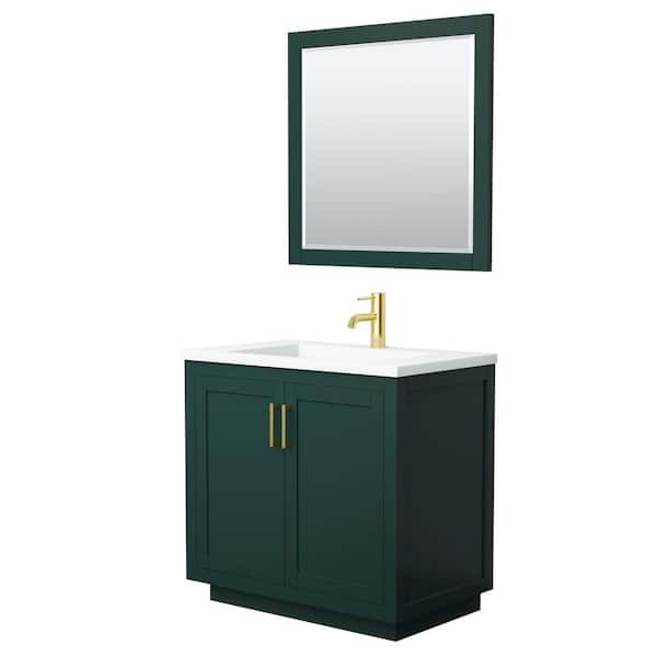 Wyndham Collection Miranda 36 in. W x 22 in. D x 34.25 in. H Single Sink Bath Vanity in Green with Matte White Solid Surface Top and Mirror