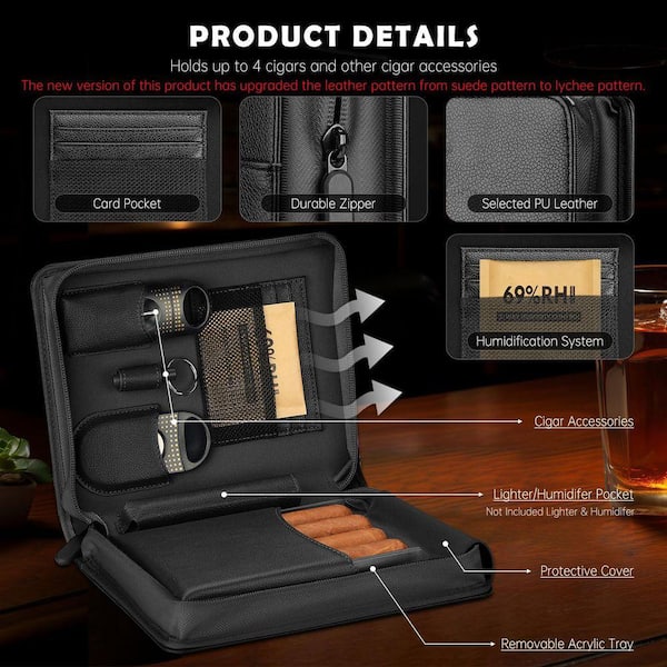 8.83 in. W x 1.8 in. H Black PU Leather Plastic Cigar Humidor Case with  Cutters and Punch SA1059B284