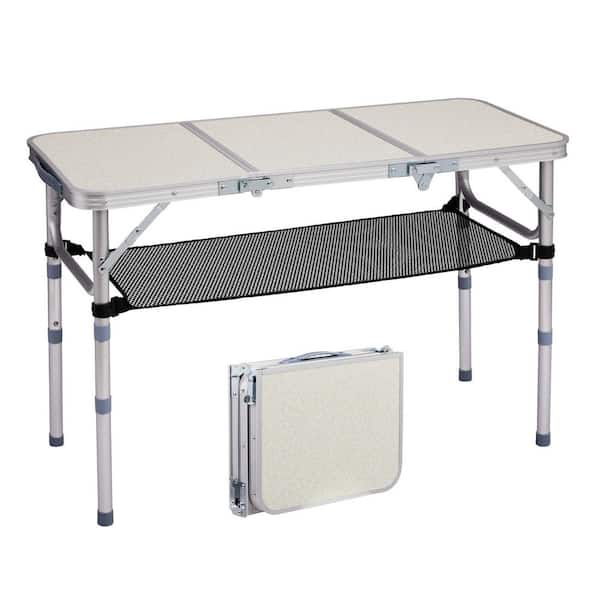 35.6 in. White Rectangle Aluminum Picnic Tables with Mesh Storage Bag