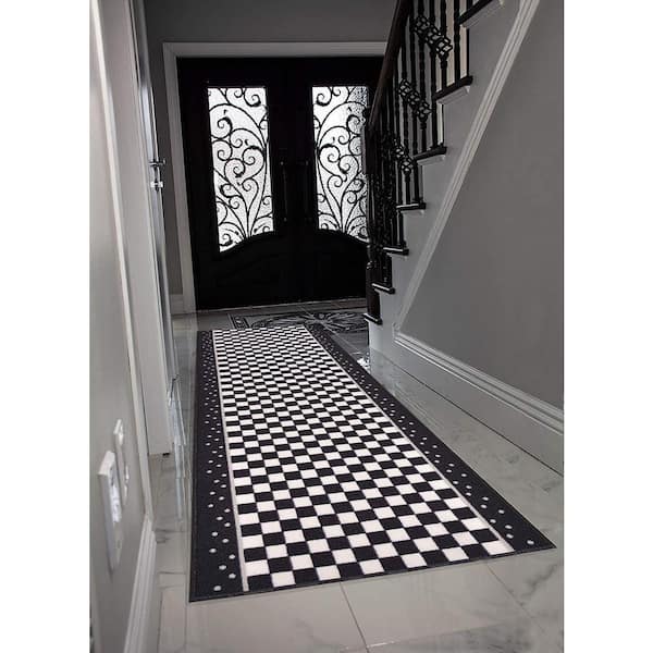 RugStylesOnline Checkered Roll Runner Cut to Size Black White 26