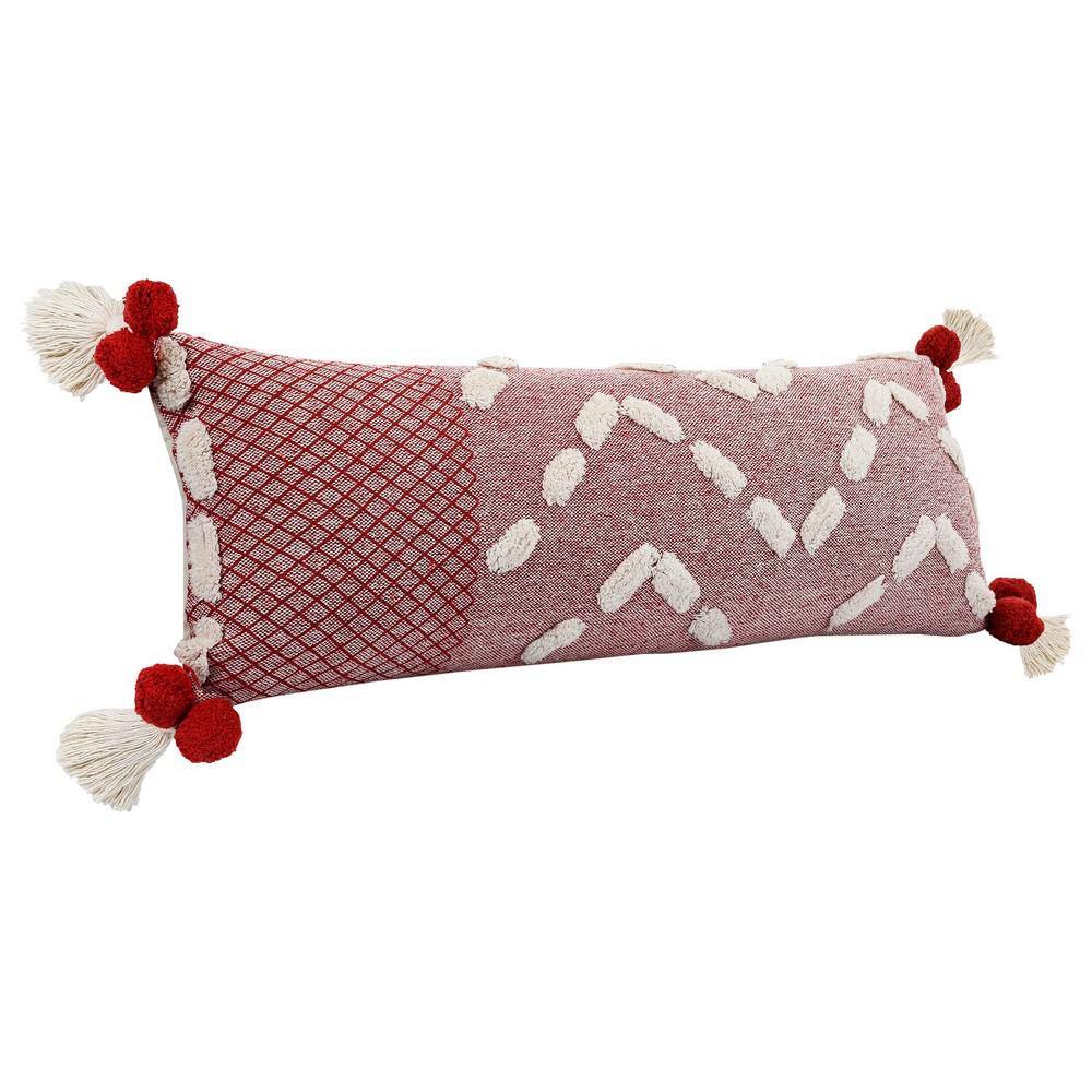 Heute Red and Cream Bohemian Lumbar Pillow with Pom-Poms