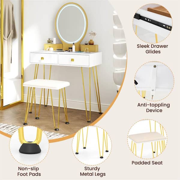 Costway Vanity Table Set with 3-Color Lighted Dimmable Mirror-White