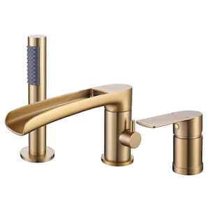 Single-Handle Deck-Mount Roman Tub Faucet with Hand Shower Waterfall 3 Hole Brass Bathtub Faucets in Brushed Gold