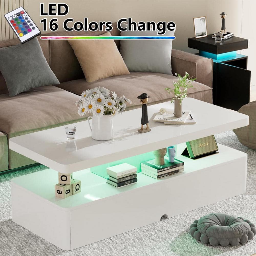 White High Gloss Acrylic Coffee Table with LED Lights and Storage