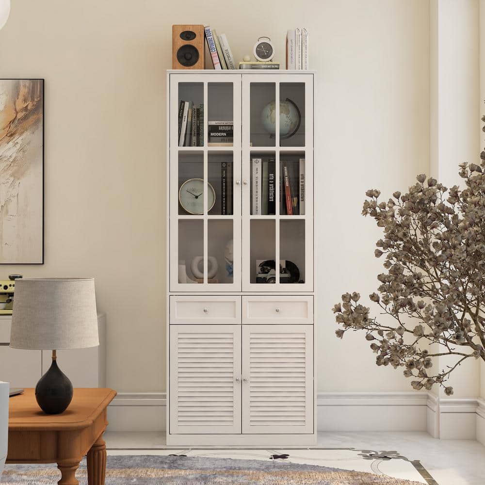 31.5 in. W x 78.7 in. H White Wooden 3 Display Shelves 2 Storage Shelf Bookcase, Computer Desk with 2-Drawer and 4 Doors