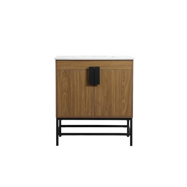 Unbranded Timeless Home 30 in. W x 19 in. D x 33.5 in. H Bath Vanity in Walnut Brown with Ivory White Engineered Stone Top