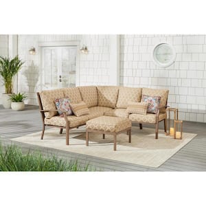 Geneva 6-Piece Brown Wicker Outdoor Sectional Sofa Seating Set with Ottoman and CushionGuard Toffee Trellis Tan Cushions