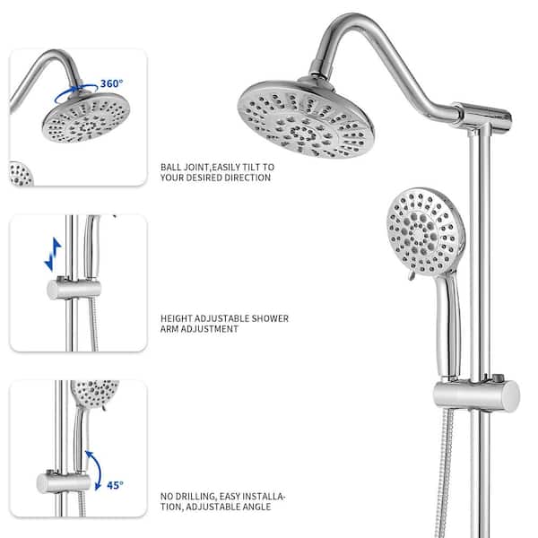 5-spray Wall Mount 6 in. Shower Head and Handheld Shower Head 1.8 GPM with Stainless Steel Hose in Polished Chrome