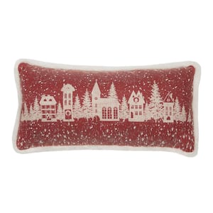 10 in. x 20 in. Snow Scene Printed Street View Christmas Pillow with Faux Fur Trim