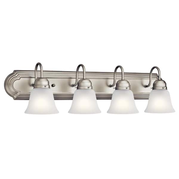 Independence 30 in. 4-Light Brushed Nickel Traditional Bathroom Vanity Light with Frosted Glass Shade