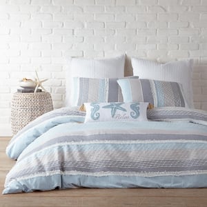 Santander 3-Piece Blue, Grey Knot Fray Stripe Cotton Full/Queen Comforter Set