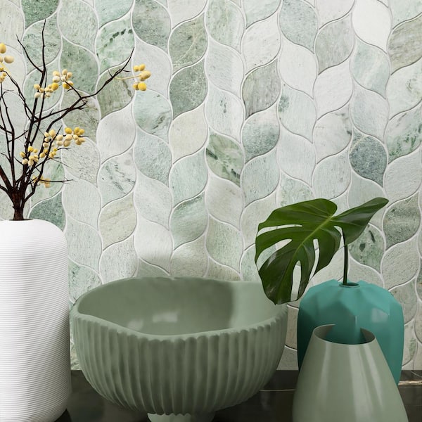 Natural Green 12.41 in. x 12.01 Arabesque Polished Marble Mosaic Tile Sample