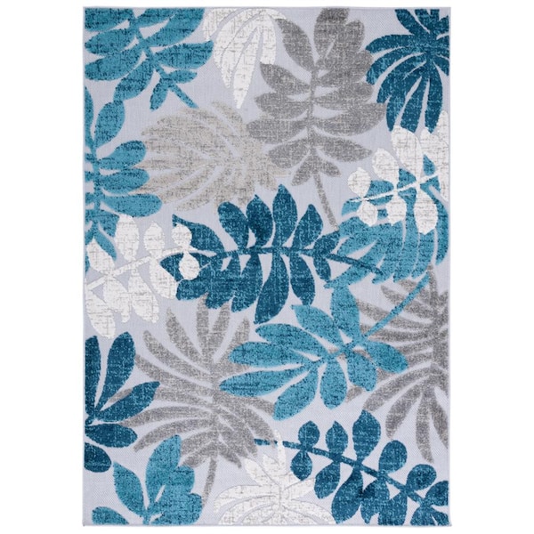 SAFAVIEH Cabana Gray/Blue 4 ft. x 6 ft. Abstract Palm Leaf Indoor/Outdoor Area Rug