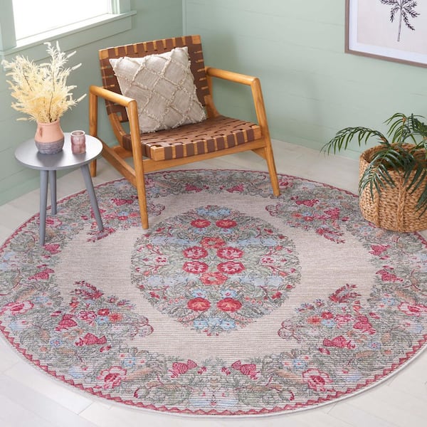 Besarabian Beige/Sage 7 ft. x 7 ft. Machine Washable Border Floral Round Area Rug