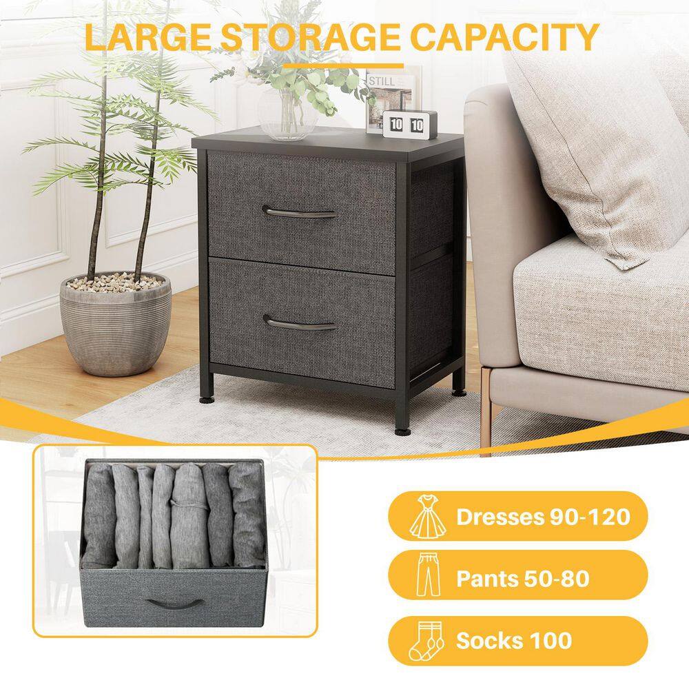 Gray and Black Metal Frame Nightstand Set with MDF Top, 2 Fabric Drawers