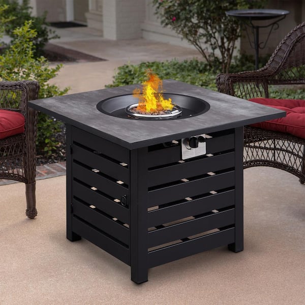 Kadehome 24 in. Black Frame Square 40,000 BTU Auto-Ignition Propane Fire Pit Table in Grey Tabletop with Waterproof Cover