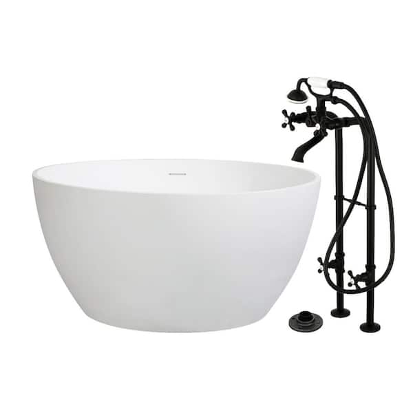Arcticstone 45.6 in. x 45.6 in. Surface White Stone Flatbottom Soaking Freestanding Bathtub in White/Matte Black