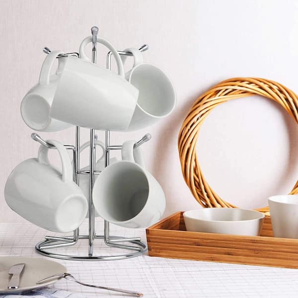 6-Hook Mug Tree for Large Cups, Silver Metal Coffee Mug Holder, Countertop Standing Rack for Kitchen Counter Decor