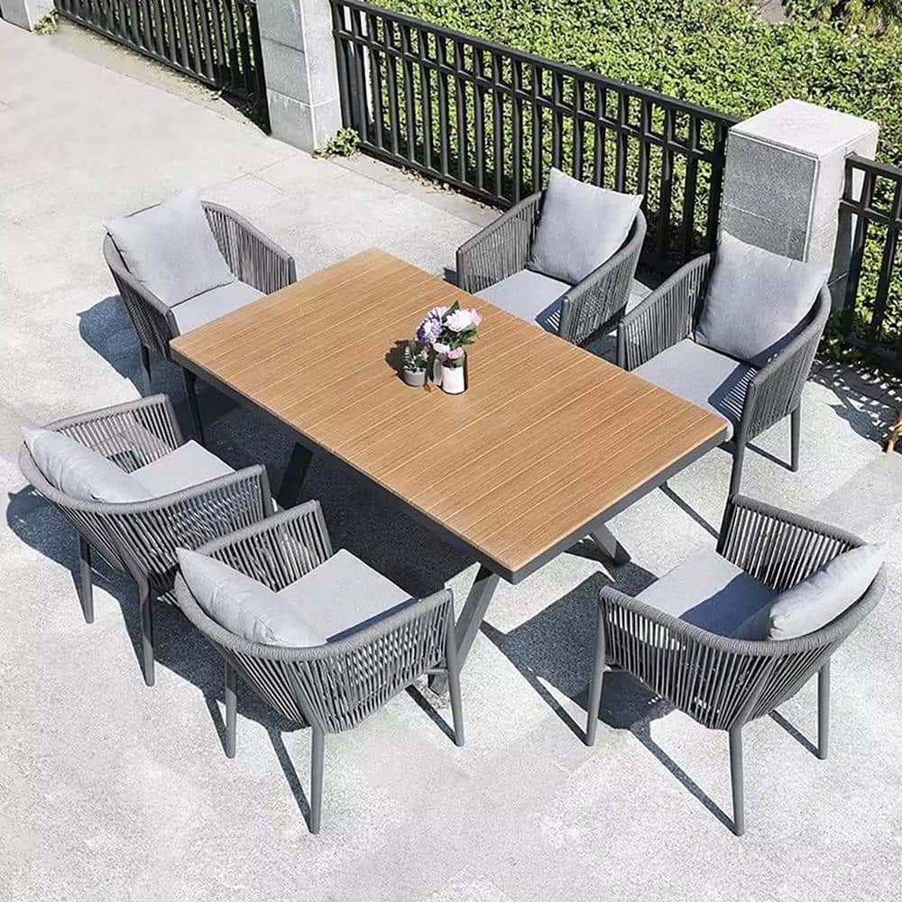 7-Piece Metal Acacia Wood Rectangular Outdoor Gray Patio Dining Sets, Outdo