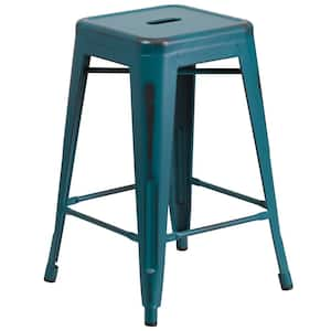 24 in. Distressed Blue Metal Bar Stool