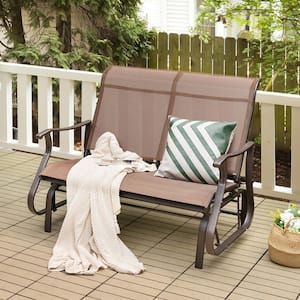 2-Person Metal Outdoor Glider Bench with High Back and Curved Armrests