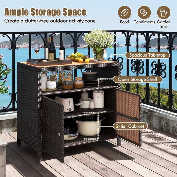 Outdoor Bar Cart W/ Storage Cabinet Patio Wicker Sideboard Buffet