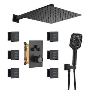 6-Spray Thermostatic Dual Shower Heads 12 in. Wall Mount Fixed and Handheld Shower Head 6-Jets, 2.5 GPM in Matte Black
