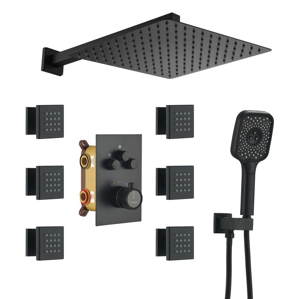 6-Spray Thermostatic Dual Shower Heads 12 in. Wall Mount Fixed and Handheld