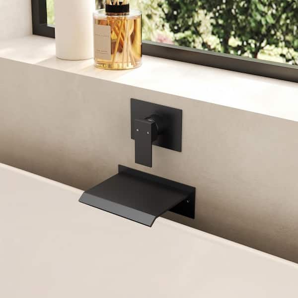 Wall Mount Waterfall Roman Tub Faucet with Valve, Single Handle Tub Spout, 2.8 GPM Flow in Mattle Black