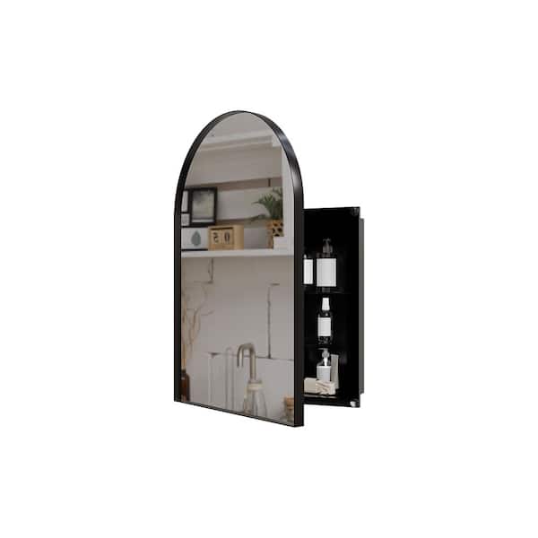 18 in. W x 23.6 in. H Arched Metal Black Corner Medicine Cabinet with Mirror, Adjustable Glass Shelves, for Small Space