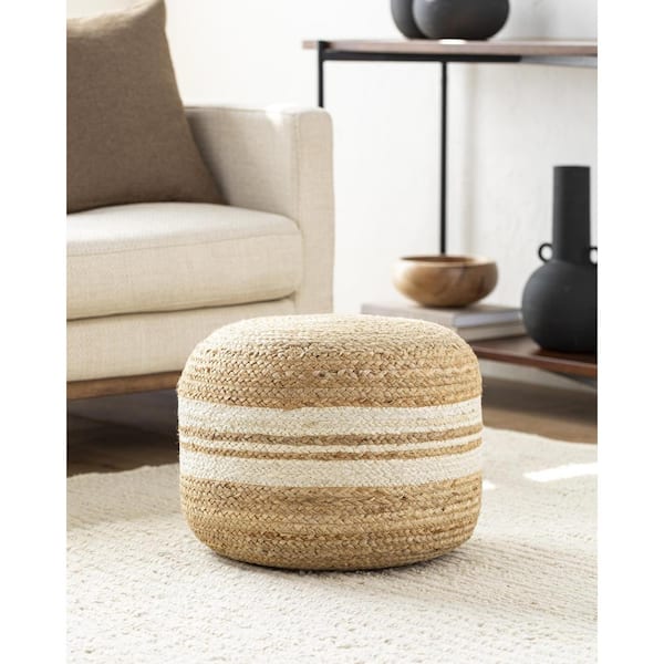 Livabliss Mallows Beige/White Cottage 18 in. L x 18 in. W x 14 in. H Jute Pouf