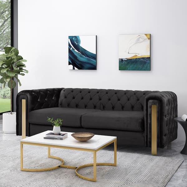 Harper & Bright Designs 83.7 in. W 3-Seat Square Arm Velvet Rectangle Sofa in Black with Tufted Back and Arm, Modern Metal Legs