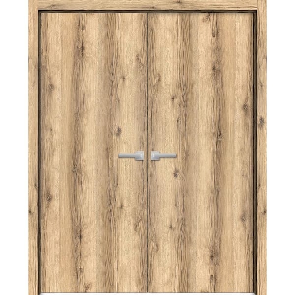 72 in. x 80 in. Oak Color Finished Universal/Reversible Frosted Glass Solid Wood Assembly Required Interior Door Kit