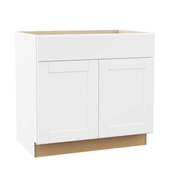 Shaker 36 in. W x 24 in. D x 34.5 in. H Assembled Sink Base Cabinet in Satin White