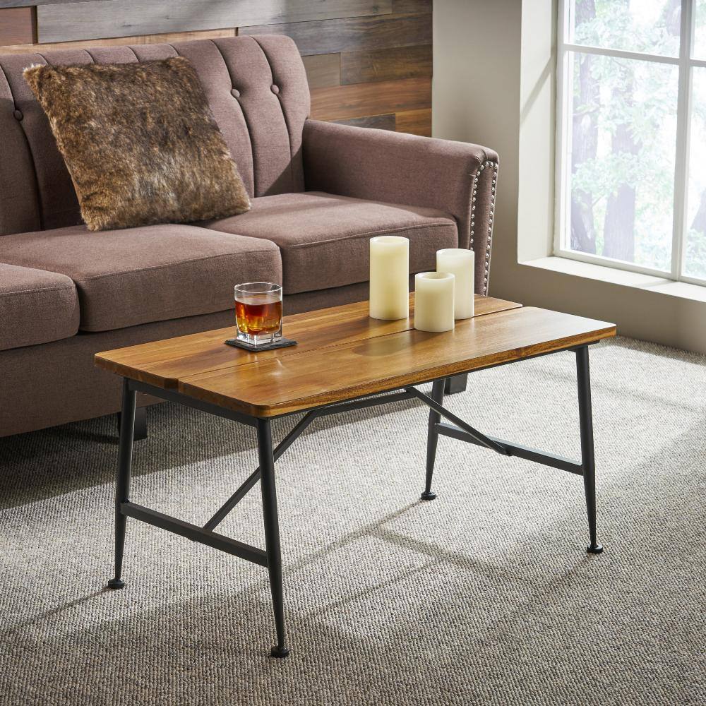 Sleek Antique Acacia Wood and Black Iron Patio Coffee Table