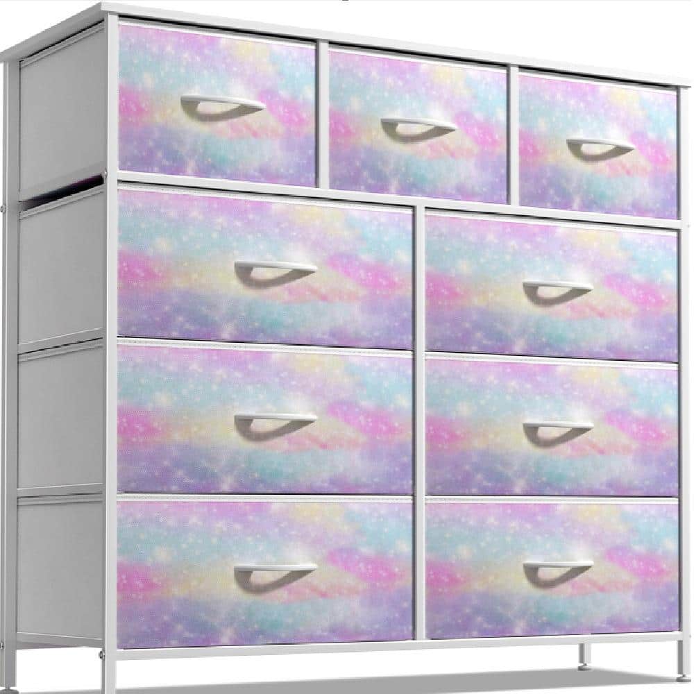 Dresser with Steel Frame, Wood Top, and Easy Pull Fabric Bins Multicolored 9-Drawer 39.5 in. Wide Dresser without Mirror