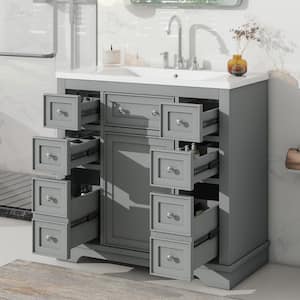 36 in. W x 18 in. D x 34.5 in. H Gray Bath Vanity with Single Sink and White Ceramic Top 6-Drawers Adjustable Shelf