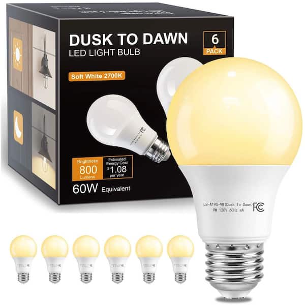 60-Watt Equivalent A19 E26 Base Dusk to Dawn Sensor LED Light Bulb E26 base  2700K Soft White (6-Pack)