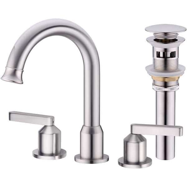 TRUSTMI Brushed Nickel Bathroom Faucet 2 Handle 8 in. Widespread Bathroom Sink Faucet with Overflow Pop Up Drain Assembly