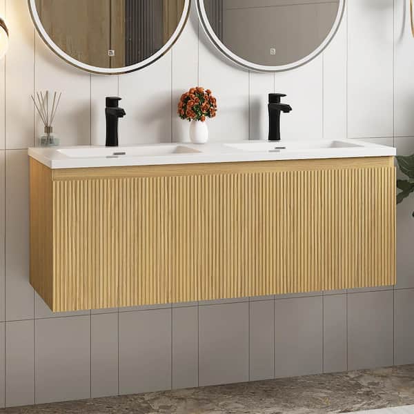 48 in. Wall-Mounted Yellow Oak Bath Vanity with White Cultured Marble Top Assembled
