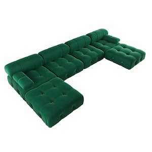 138.61 in. Square Arm 6-Piece U Shaped Velvet Modular Free Combination Sectional Sofa with Ottoman in Green